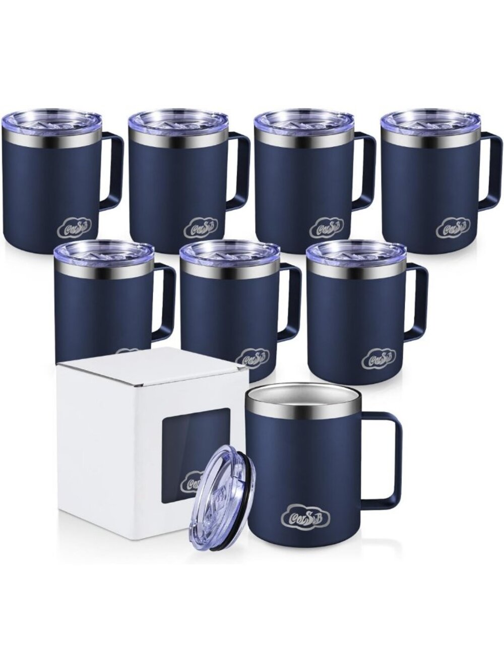 Insulated Coffee Mug Set - 12oz Stainless Steel Travel Tumblers with Lid, Navy